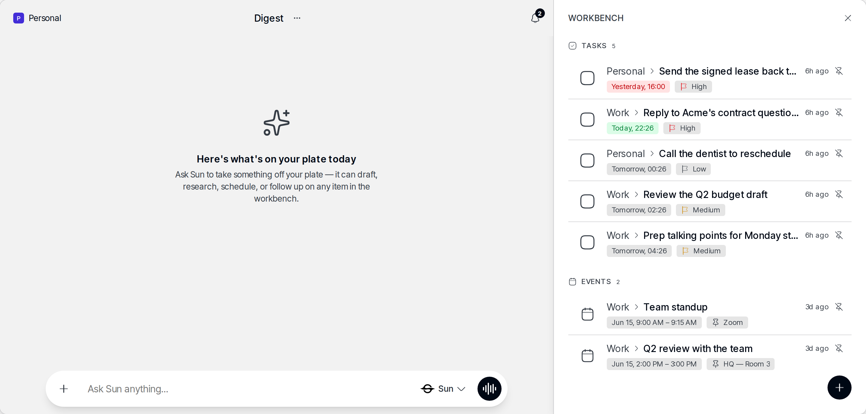 Morning digest chat Sun delivers on its own — the day's tasks and calendar with a prompt to delegate anything to Sun