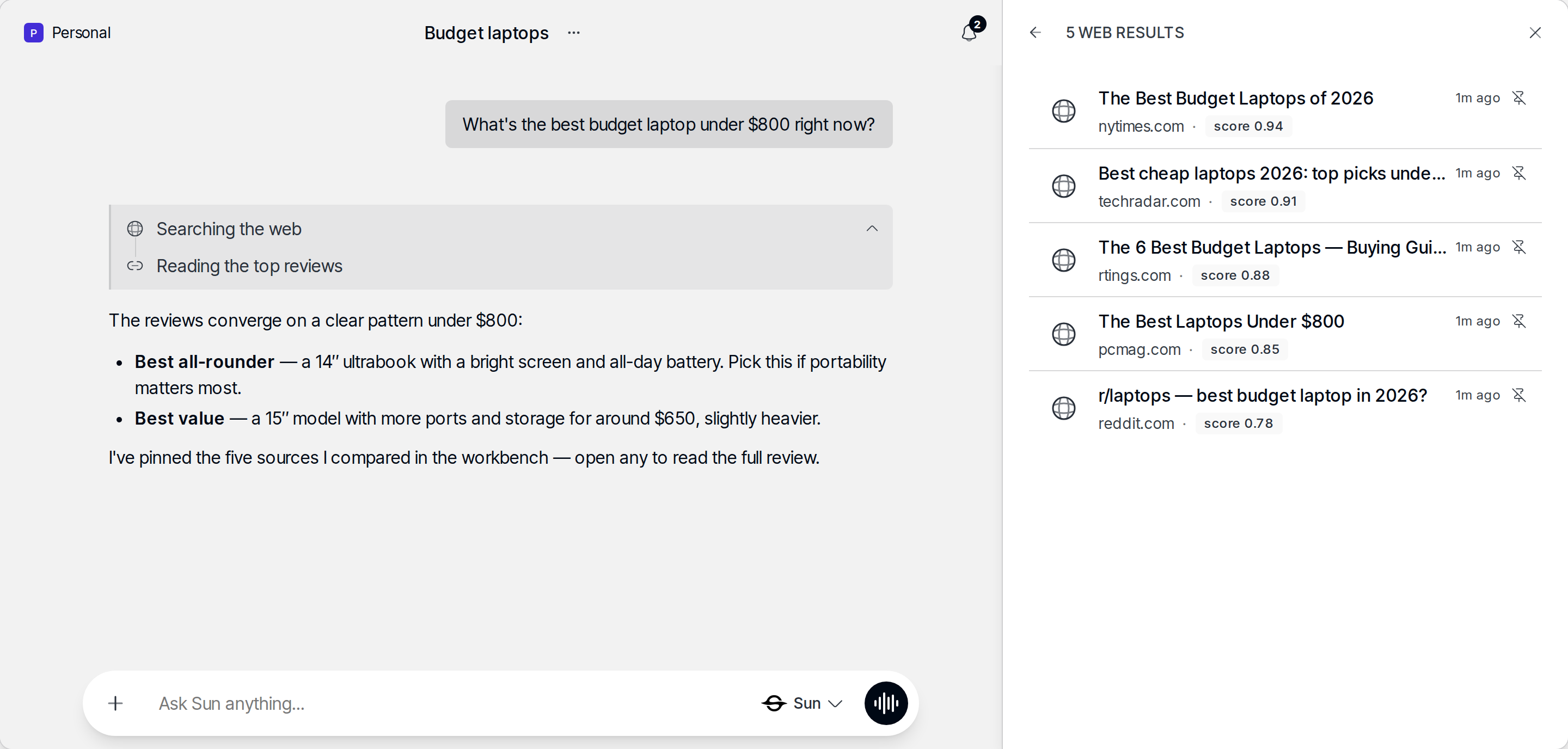 Chat where Sun has surfaced web results in the workbench right panel